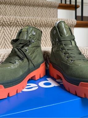 Keds Olive Green Quilted High-Top Boots with Orange Lug Sole. Brand new in box.